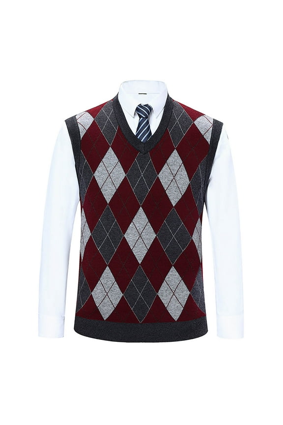 Men's V-Neck Knit Vest Winter Sleeveless Plaid Casual Sweater Loose Lightweight Pullover Knitted Jumper Tops (Wine 2XL)