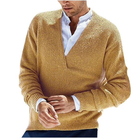 Men's V Neck Knitted Sweater Solid Color Long Sleeve Cable Knit Sweatshirt Casual Winter Loose Pullover Top for Men (Beige XL)