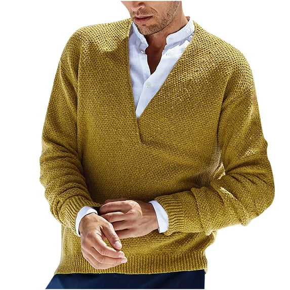 Men's V Neck Knitted Sweater Solid Color Long Sleeve Cable Knit Sweatshirt Casual Winter Loose Pullover Top for Men (Yellow L)