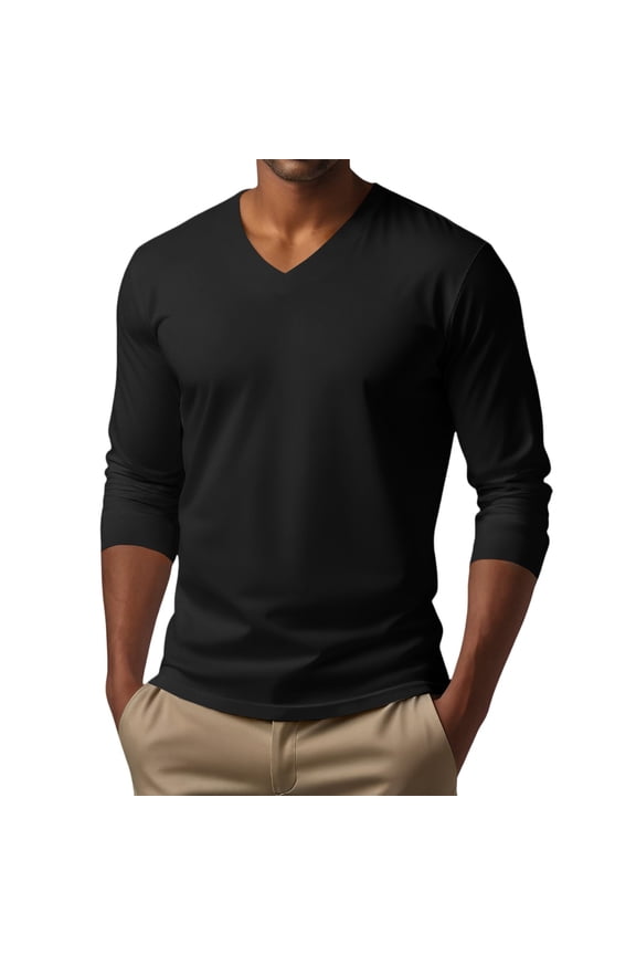 Men's V Neck Long Sleeve Casual T-Shirt Classic Basic Solid Tee Shirts Black XL