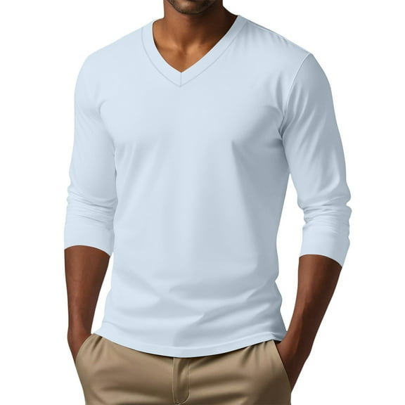 Men's V Neck Long Sleeve Casual T-Shirt Classic Basic Solid Tee Shirts Light Blue XL