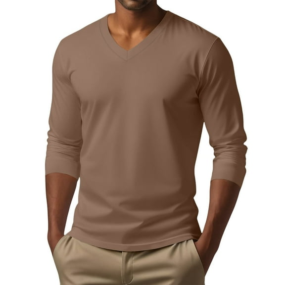 Men's V Neck Long Sleeve Casual T-Shirt Classic Basic Solid Tee Shirts Light Brown XL