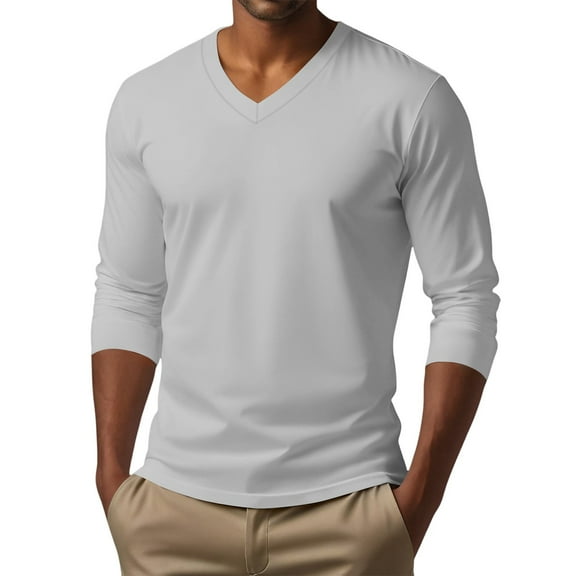 Men's V Neck Long Sleeve Casual T-Shirt Classic Basic Solid Tee Shirts Light Gray XL