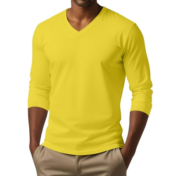 Men's V Neck Long Sleeve Casual T-Shirt Classic Basic Solid Tee Shirts Yellow L