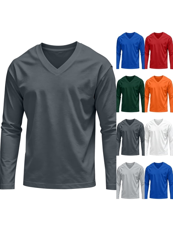 Men's V Neck Long Sleeve Shirts Casual Cotton T-Shirts Slim Fit Longline Tee Solid Color Soft Shirts for Daily Dark Gray 4XL
