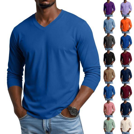 Men's V Neck Long Sleeve Shirts Casual T-Shirts Slim Fit Longline Tee Solid Color Soft Shirts Blue M
