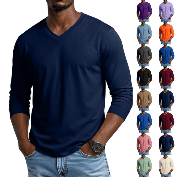 Men's V Neck Long Sleeve Shirts Casual T-Shirts Slim Fit Longline Tee Solid Color Soft Shirts Dark Blue L