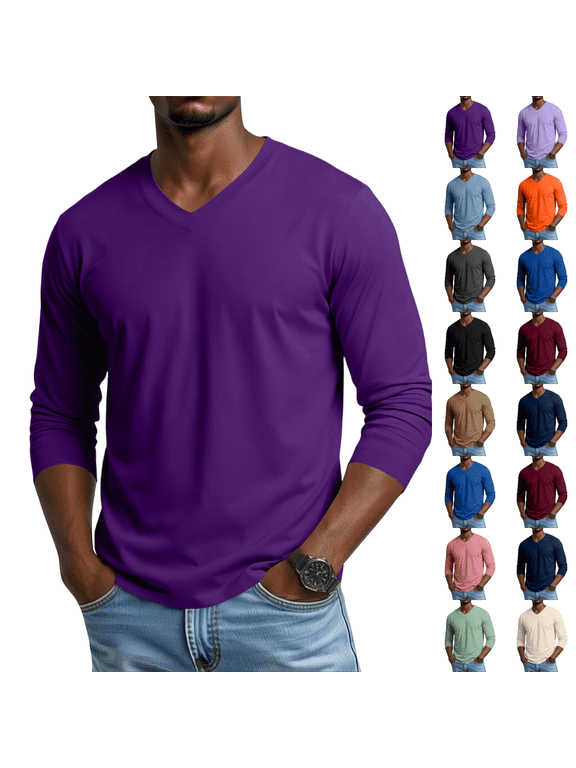Men's V Neck Long Sleeve Shirts Casual T-Shirts Slim Fit Longline Tee Solid Color Soft Shirts Dark Purple 3XL