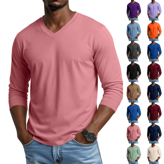 Men's V Neck Long Sleeve Shirts Casual T-Shirts Slim Fit Longline Tee Solid Color Soft Shirts Pink S