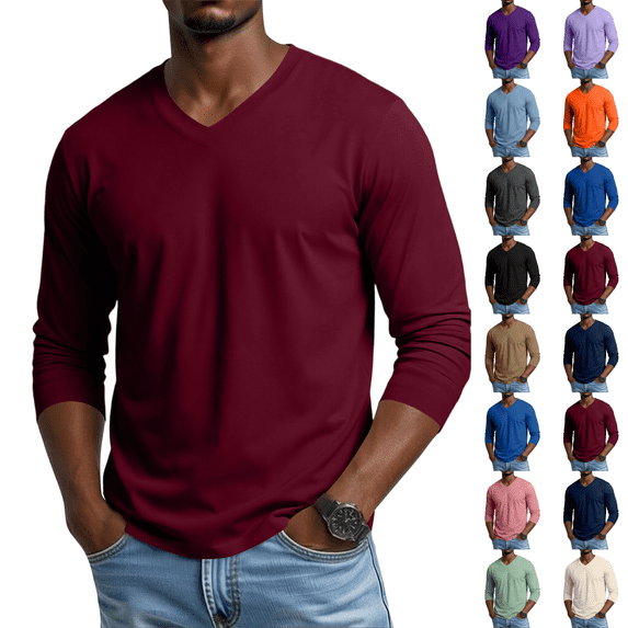 Men's V Neck Long Sleeve Shirts Casual T-Shirts Slim Fit Longline Tee Solid Color Soft Shirts Red XL
