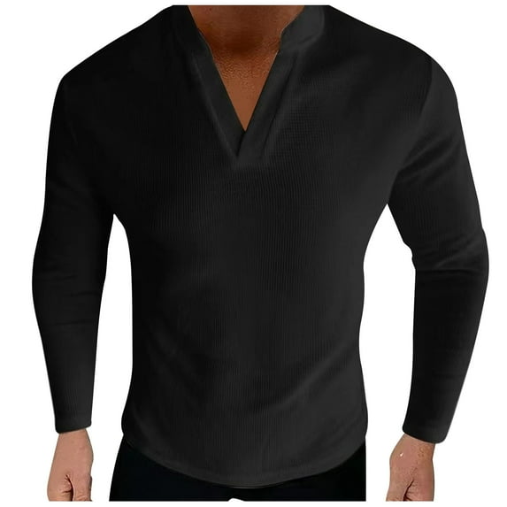 Men's V-Neck Long Sleeve Shirts Cotton Solid Color Slim Fit Top for Men Fashion Fall Casual Pullover Blouses Tee (Black L)