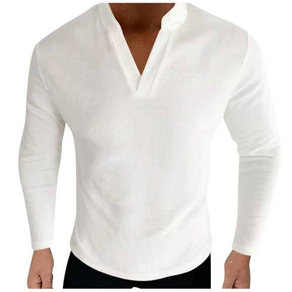 Men's V-Neck Long Sleeve Shirts Cotton Solid Color Slim Fit Top for Men Fashion Fall Casual Pullover Blouses Tee (White L)