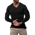 thumbnail image 1 of Men's V-Neck Long Sleeve Shirts in Solid Color with Textured Dressy Sweater Blouse Design for Fall Fashion 2025, Loose Outfits and Casual Wear,Black,L, 1 of 4