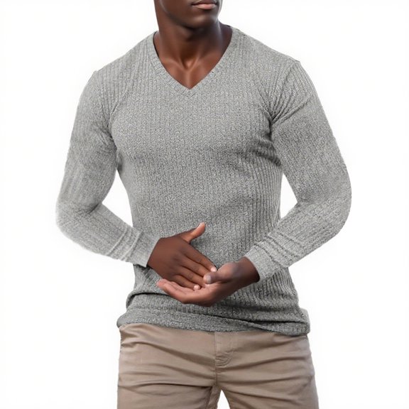 Men's V-Neck Long Sleeve Shirts in Solid Color with Textured Dressy Sweater Blouse Design for Fall Fashion 2025, Loose Outfits and Casual Wear,Light Gray,S