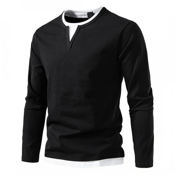 Men's V-Neck Long Sleeve T-Shirt - Irregular Hem, Threaded Cuffs, Casual Autumn/Winter Top, Hand Wash Only, Size S-XXL with Bust/Shoulder Data