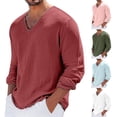 thumbnail image 1 of Men’s V Neck Long Sleeve T-Shirt Solid Color Cotton Linen Casual Spring Summer Top, 1 of 5