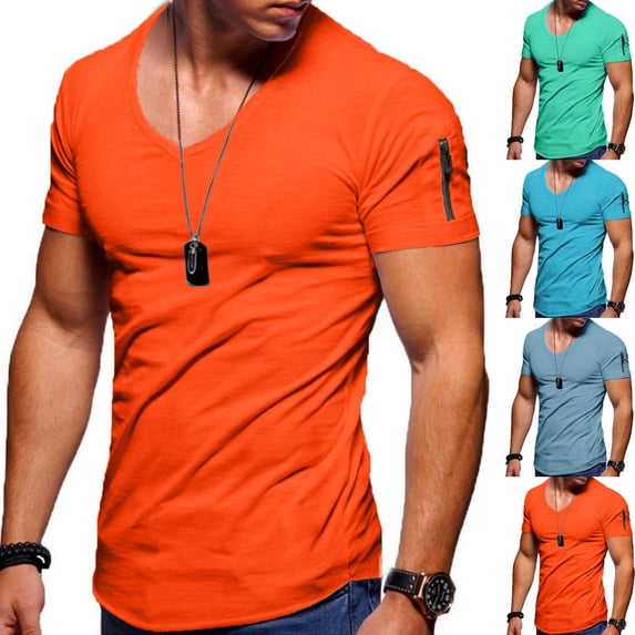 Men's V Neck Muscle Workout Athletic T-Shirt Bodybuilding Fashion Short Sleeve Slim Fit Zipper Tee Top