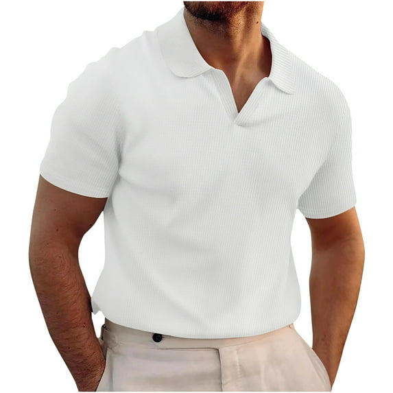 Men's V Neck Polo Shirts Waffle Short Sleeve Casual Fit Polo Shirt Wicking Soft Breathable Polo Shirt