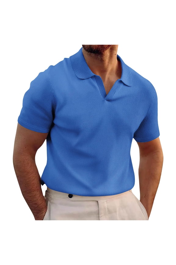 Men's V Neck Polo Shirts Waffle Short Sleeve Casual Fit Polo Shirt Wicking Soft Breathable Polo Shirt