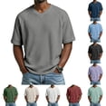 thumbnail image 1 of Men's V-Neck Raglan Short Sleeve T-Shirt, Waffle Knit Casual Tee with Contrast Sleeves, Plus Size Loose Fit Top Khaki 2XL, 1 of 4