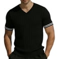 thumbnail image 1 of Men's V Neck Ribbed Knit Sweater, Breathable Striped Cuff Detail, Short Sleeve Knitwear for Business Casual Work and Smart Daily Wear, Sizes S-2XL Black, 1 of 7