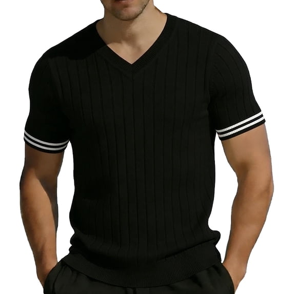 Men's V Neck Ribbed Knit Sweater, Breathable Striped Cuff Detail, Short Sleeve Knitwear for Business Casual Work and Smart Daily Wear, Sizes S-2XL Black
