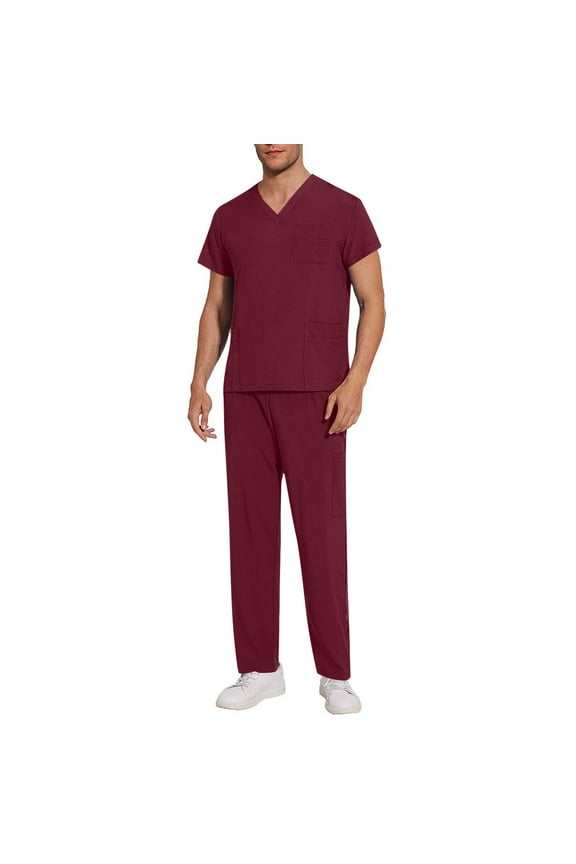 Men’s V-Neck Scrub Set - Durable Medical Uniform for Doctors/Nurses | Multi-Pocket Workwear with Elastic Waist Pants