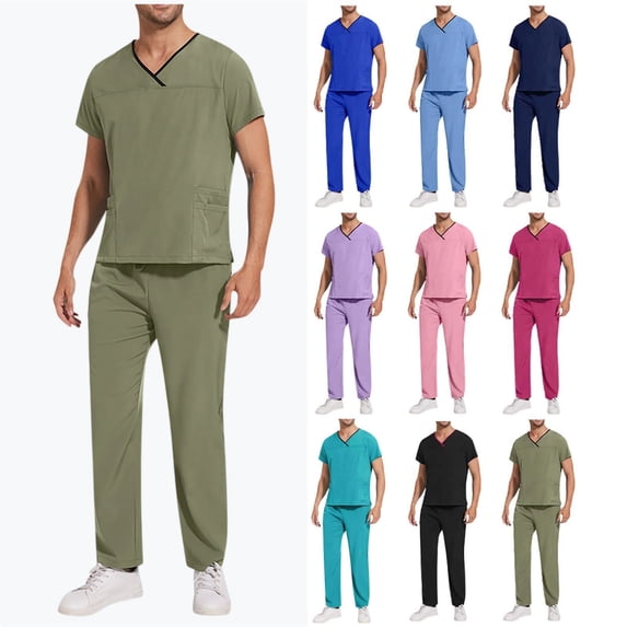 Men’s V-Neck Scrub Set - Durable Medical Uniform for Doctors/Nurses | Multi-Pocket Workwear with Elastic Waist Pants