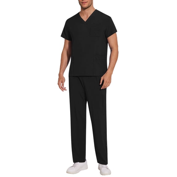 Men’s V-Neck Scrub Set - Durable Medical Uniform for Doctors/Nurses | Multi-Pocket Workwear with Elastic Waist Pants