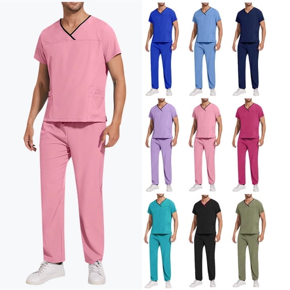 Men’s V-Neck Scrub Set - Durable Medical Uniform for Doctors/Nurses | Multi-Pocket Workwear with Elastic Waist Pants