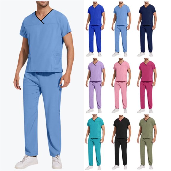 Men’s V-Neck Scrub Set - Durable Medical Uniform for Doctors/Nurses | Multi-Pocket Workwear with Elastic Waist Pants