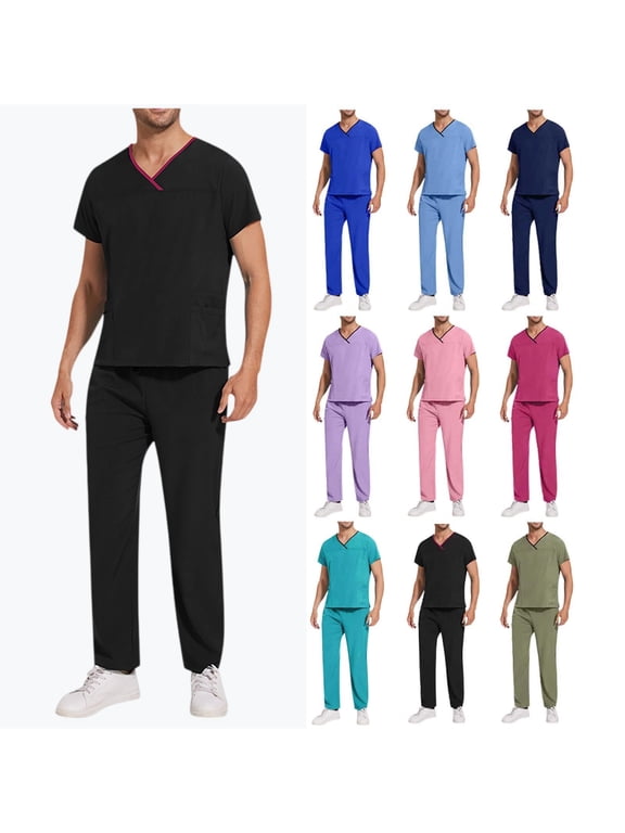 Men’s V-Neck Scrub Set - Durable Medical Uniform for Doctors/Nurses | Multi-Pocket Workwear with Elastic Waist Pants