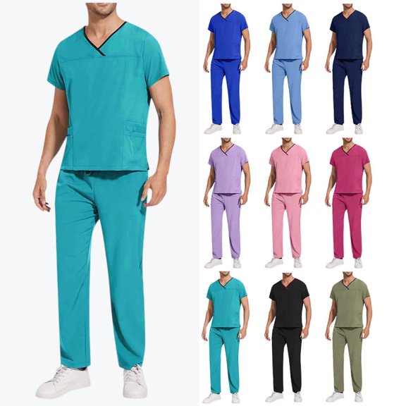 Men’s V-Neck Scrub Set - Durable Medical Uniform for Doctors/Nurses | Multi-Pocket Workwear with Elastic Waist Pants