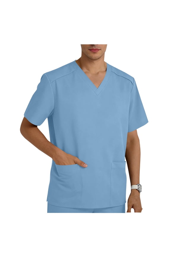 Men's V-Neck Scrub Top - Short Sleeve Pocket T-Shirt with Side Slits, Healthcare Nursing Hospital Work Uniform, Nurses, Doctors & Healthcare Workers, Sizes S-3XL