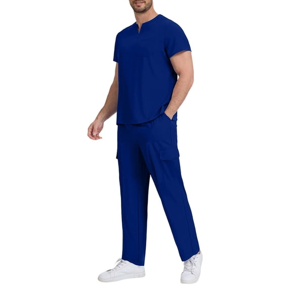 Men’s V-Neck Scrubs Set Short Sleeve Scrub Tops and Scrub Pants Breathable Nursing Medical Uniform Work Sets with Pockets