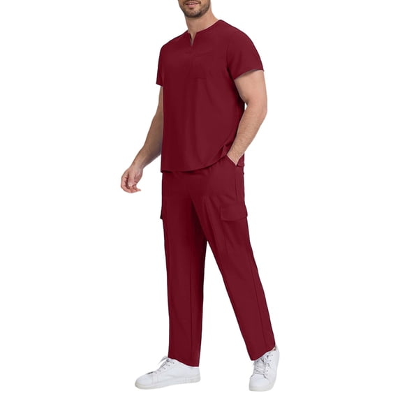 Men’s V-Neck Scrubs Set Short Sleeve Scrub Tops and Scrub Pants Breathable Nursing Medical Uniform Work Sets with Pockets