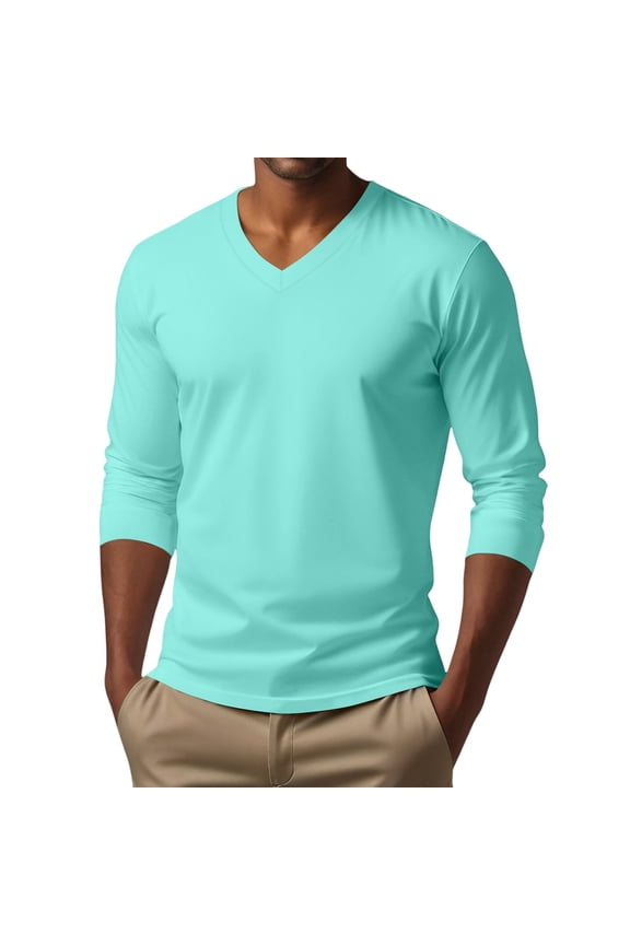 Men's V-Neck Shirts Long Sleeve, Stretch Basic Slim Fit Casual Shirts for Men Light Blue XL