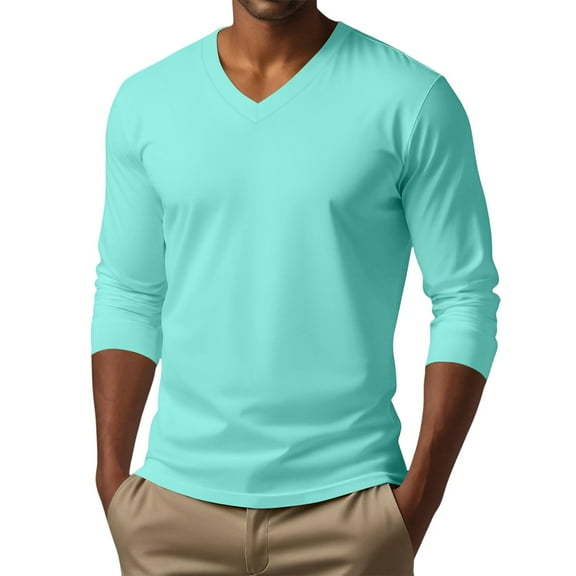 Men's V-Neck Shirts Long Sleeve, Stretch Basic Slim Fit Casual Shirts for Men Light Blue XL