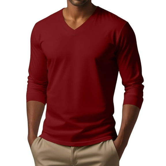 Men's V-Neck Shirts Long Sleeve, Stretch Basic Slim Fit Casual Shirts for Men Wine 5XL