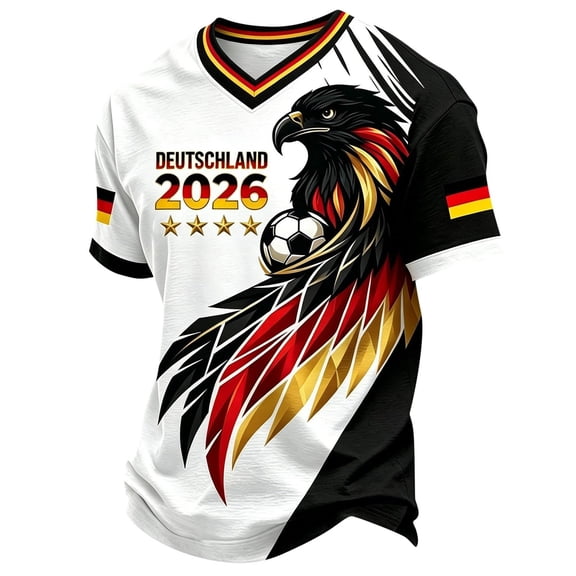 Men's V-Neck Short Sleeve Germany Soccer Jersey with Eagle Graphic Print, Breathable Athletic Fan Shirt, Lightweight Sport Top for Game Day, Training, and Casual Wear
