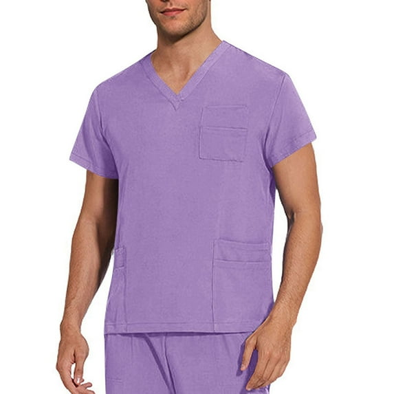 Men's V-Neck Short Sleeve Scrub Top Shirt, Men's Solid Color V-neck Pocket Caregiver Short Sleeved Nurse Uniform Blouses Multi-Pocket Work Uniform
