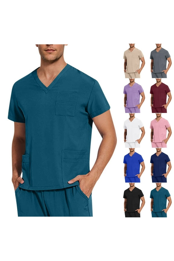 Men's V-Neck Short Sleeve Scrub Top Shirt, Men's Solid Color V-neck Pocket Caregiver Short Sleeved Nurse Uniform Blouses Multi-Pocket Work Uniform