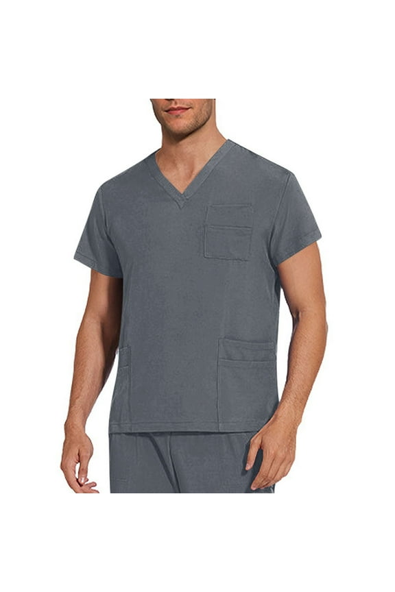 Men's V-Neck Short Sleeve Scrub Top Shirt, Men's Solid Color V-neck Pocket Caregiver Short Sleeved Nurse Uniform Blouses Multi-Pocket Work Uniform