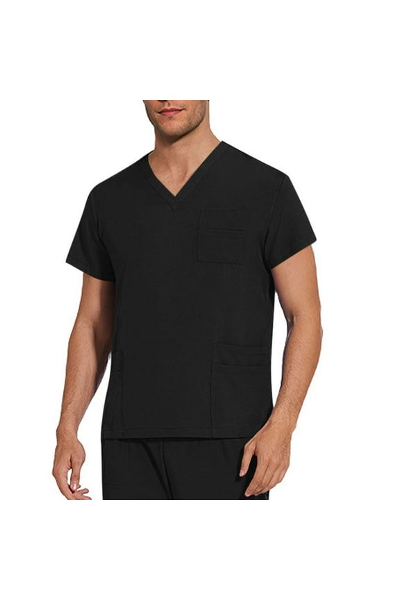 Men's V-Neck Short Sleeve Scrub Top Shirt, Men's Solid Color V-neck Pocket Caregiver Short Sleeved Nurse Uniform Blouses Multi-Pocket Work Uniform