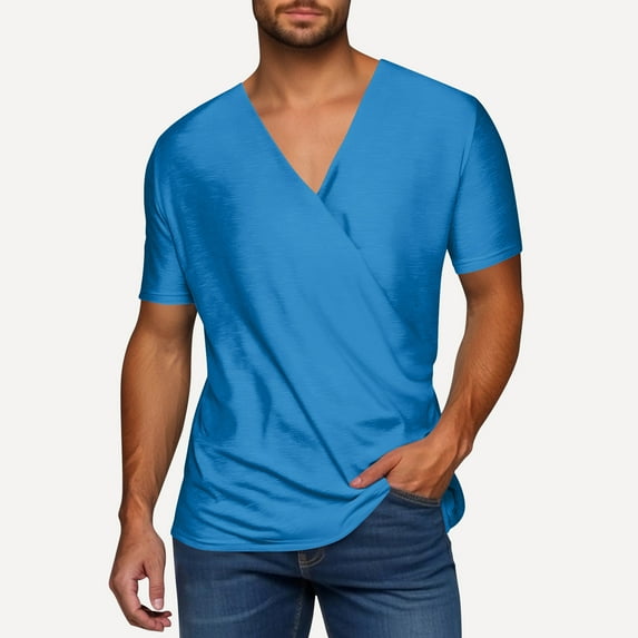Men's V-Neck Short Sleeve Shirt, Casual Loose Fit Polyester Top for Summer, Soft Solid Color Tee for Daily Wear