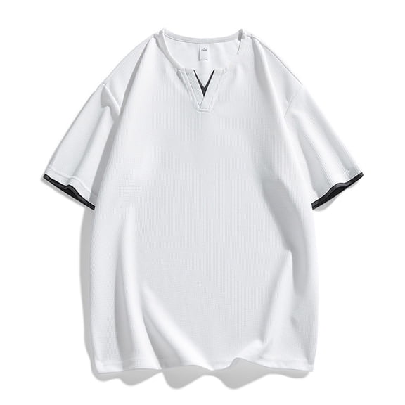 Men's V-Neck Short Sleeve Shirt, Casual Waffle Knit Button-Down Top, Breathable Stretch Fabric for Daily Wear