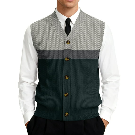Men's V-Neck Sleeveless Knit Cardigan Vest Texture Print Button-Down Shirt Black Size L