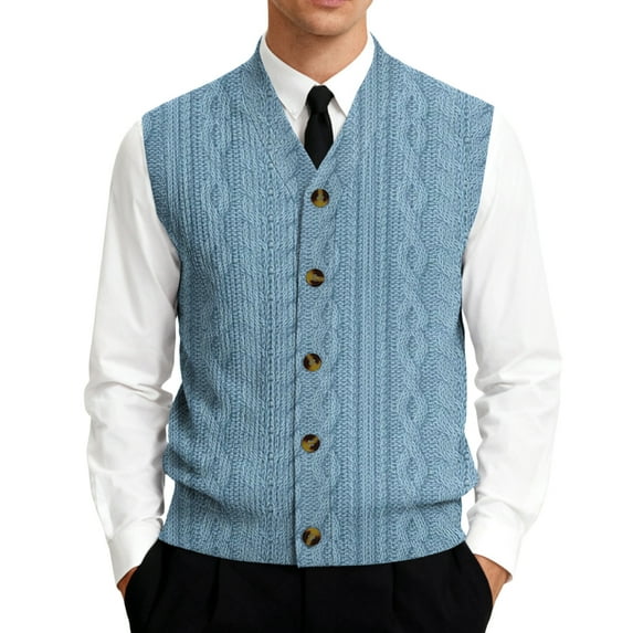 Men's V-Neck Sleeveless Knit Cardigan Vest Texture Print Button-Down Shirt Blue Size L
