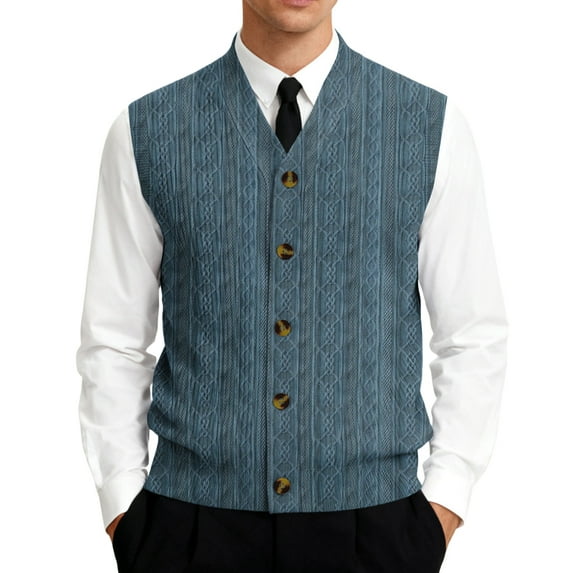 Men's V-Neck Sleeveless Knit Cardigan Vest Texture Print Button-Down Shirt Blue Size XXXL
