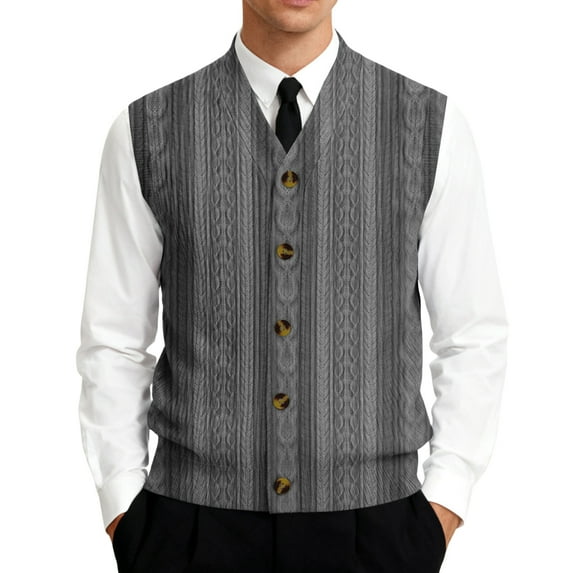 Men's V-Neck Sleeveless Knit Cardigan Vest Texture Print Button-Down Shirt Dark Gray Size M